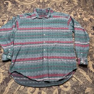 Vtg 90s Navy Blue Textured striped Button Up Shirt Mens Size Large Green Red